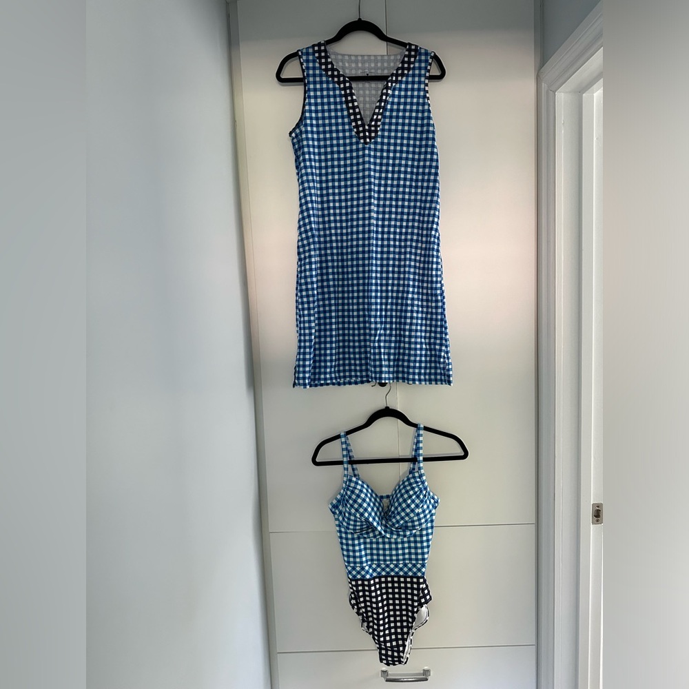 Draper James x Land’s End Blue Gingham One Piece Sz 6 & Coverup Sz Small